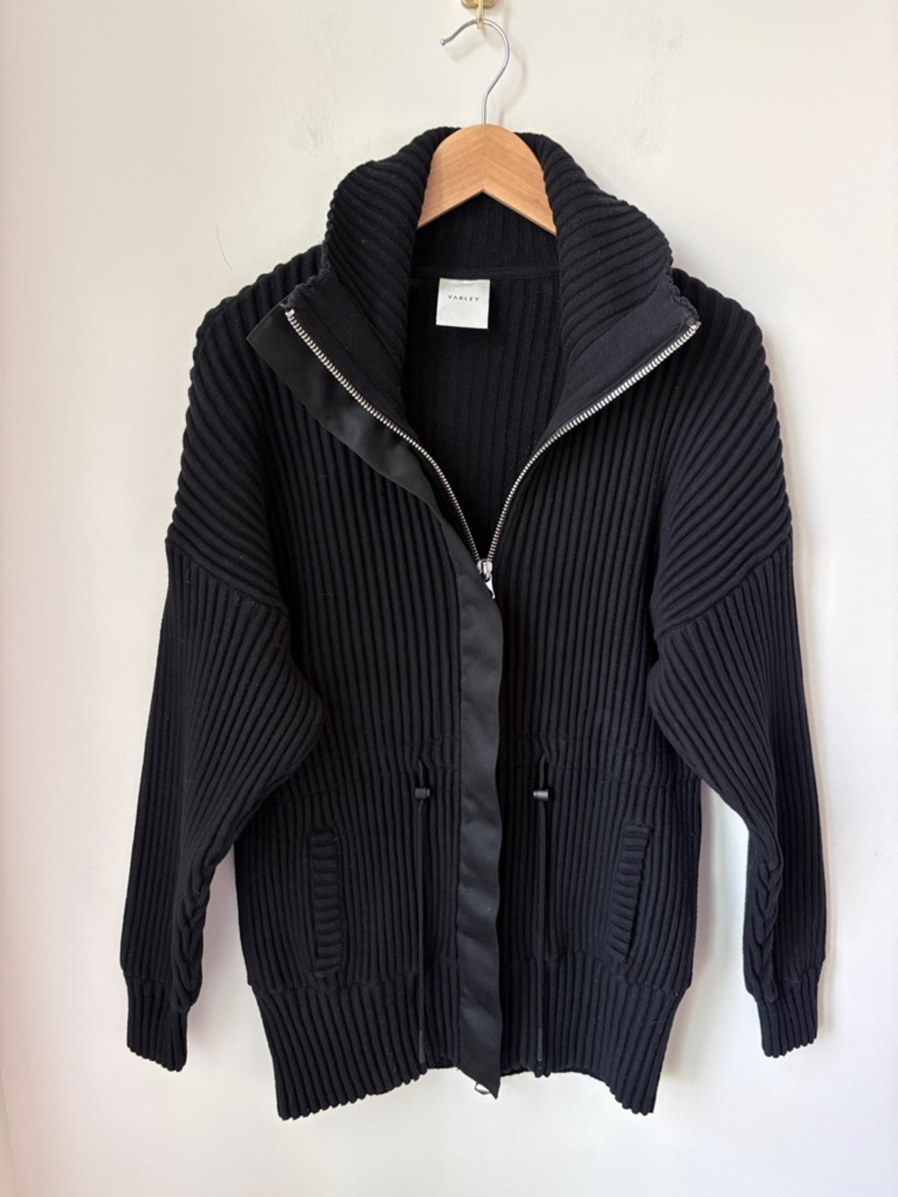 Varley Greenfield Knit Ribbed Sweater Jacket in Black Zip Front Chunky Size M
